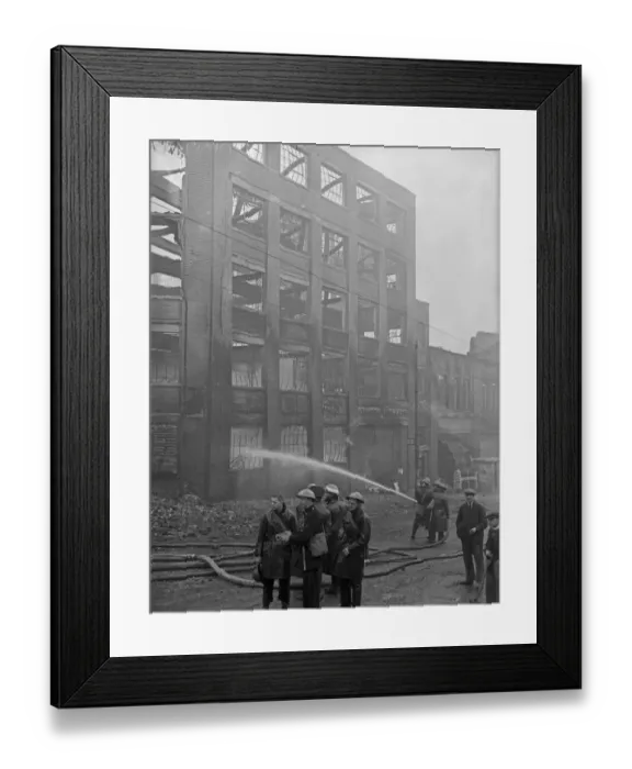 Framed Print : Firemen dampening down the Chamberlain, Kind and Jones factory, Holl0way Head Framed Print : Firemen dampening down the Chamberlain, Kind and Jones factory, Holl0way Head