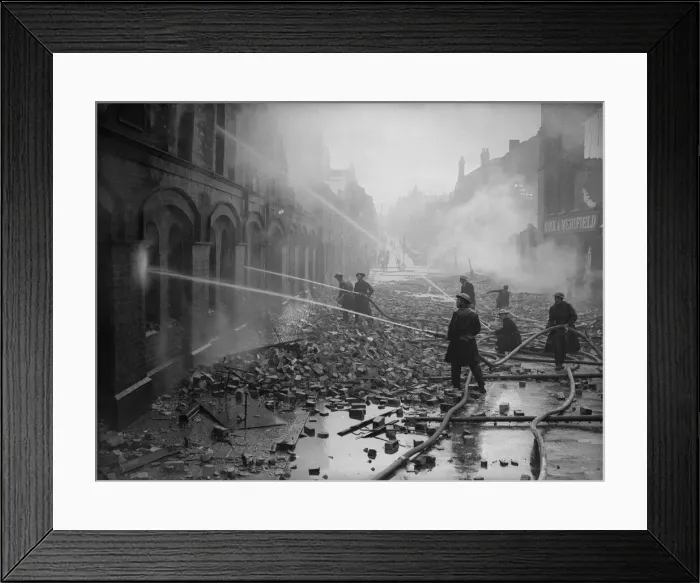 Framed Print : Firemen dampening down fires in Moseley Street, Birmingham the morning after a heavy Framed Print : Firemen dampening down fires in Moseley Street, Birmingham the morning after a heavy