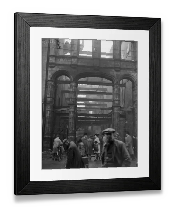 Framed Print : Workers survey the burnt out shell of W. H. Smith in Station Street Framed Print : Workers survey the burnt out shell of W. H. Smith in Station Street