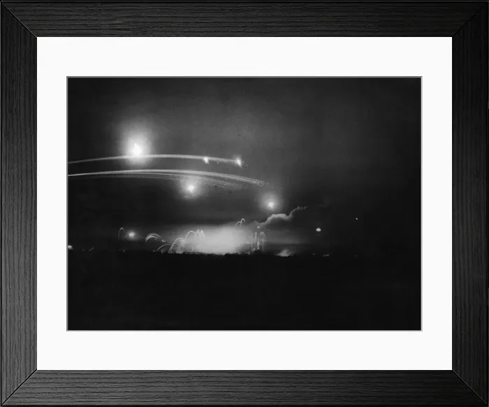 Framed Print : R. A. F. bombs falling near Caen prior to a Canadian assault on German lines Framed Print : R. A. F. bombs falling near Caen prior to a Canadian assault on German lines