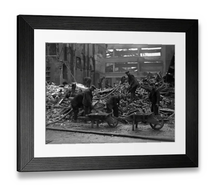 Framed Print : Workmen clearing up and sifting through the remains of the Corn Exchange, Carrs Lane