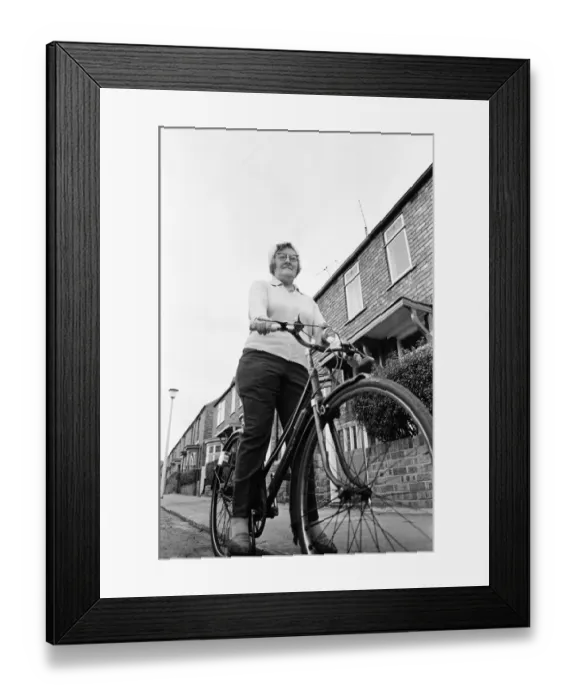 Framed Print : Doris The Cycling Barmaid, Middlesbrough, 1972 Framed Print : Doris The Cycling Barmaid, Middlesbrough, 1972