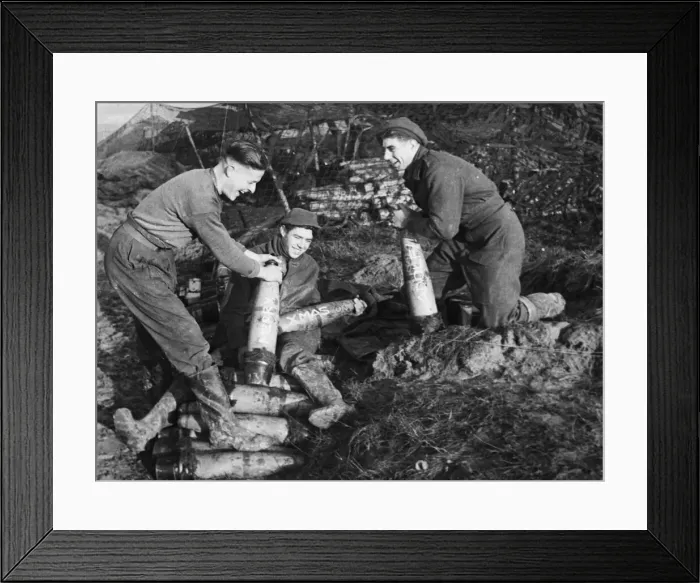 Framed Print : British Gunners Clark, Duggan and Wilson fusing shells before an attack in Germany Framed Print : British Gunners Clark, Duggan and Wilson fusing shells before an attack in Germany