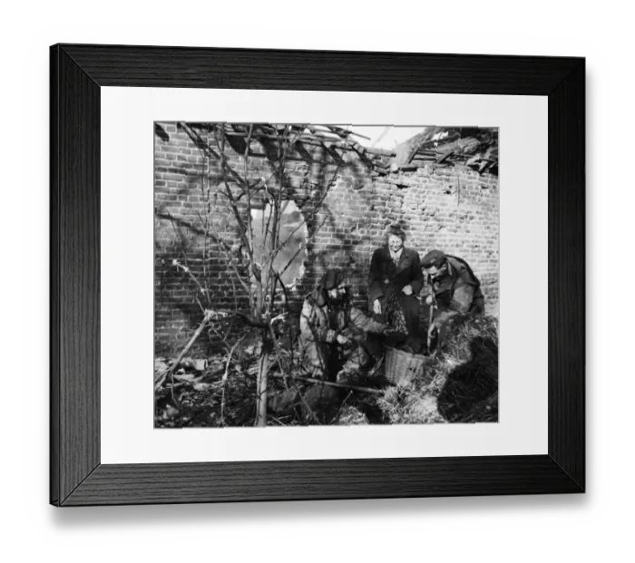 Framed Print : British soldiers gather fuel for an elderly Dutch woman outside the ruins of her home in