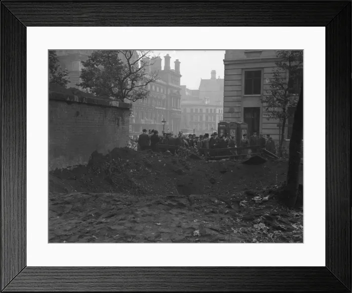 Framed Print : Crater next to a public surface air raid shelter in St Phillips Churchyard Framed Print : Crater next to a public surface air raid shelter in St Phillips Churchyard