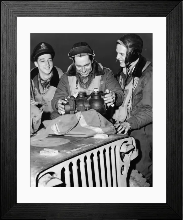 Framed Print : Proudly caressing his bomb sight after bombing the rail centre at Stendal, Germany Framed Print : Proudly caressing his bomb sight after bombing the rail centre at Stendal, Germany