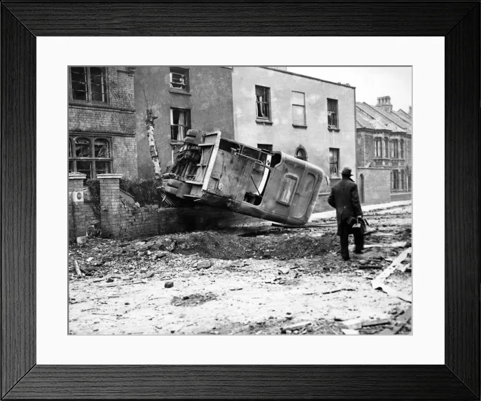 Framed Print : Bus hit by a bomb in Bristol. March 1941 Framed Print : Bus hit by a bomb in Bristol. March 1941
