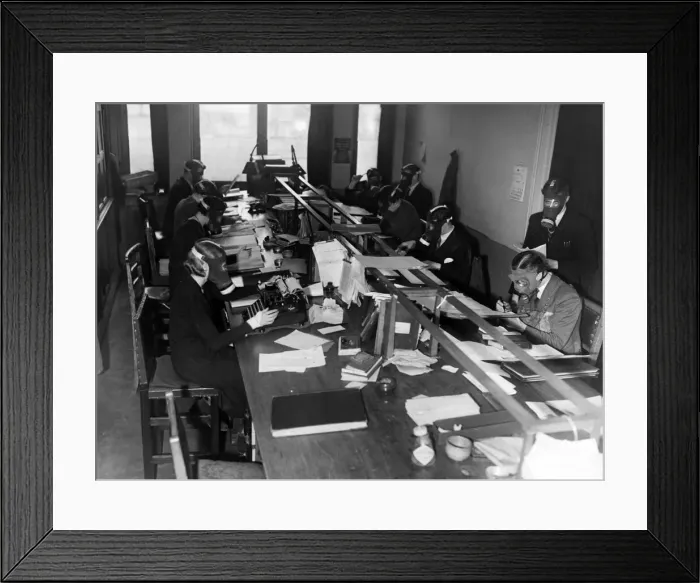 Framed Print : Fulham Council employees at the Town Hall having to wear gas masks whilst performing Framed Print : Fulham Council employees at the Town Hall having to wear gas masks whilst performing