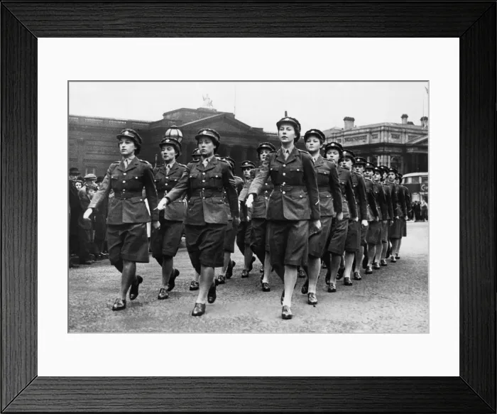 Framed Print : Members of a Womens Auxiliary Air Force (WaF) marching band in North West England Framed Print : Members of a Womens Auxiliary Air Force (WaF) marching band in North West England