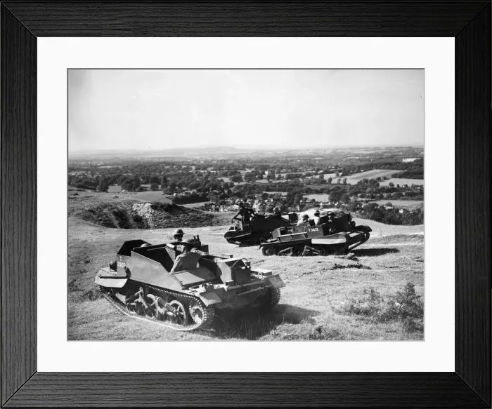 Framed Print : Bren Gun Carriers on patrol on the Sussex Downs, England as they keep watch for any Framed Print : Bren Gun Carriers on patrol on the Sussex Downs, England as they keep watch for any