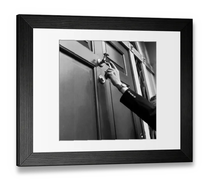 Framed Print : A man knocking on a door. September 1955 Framed Print : A man knocking on a door. September 1955
