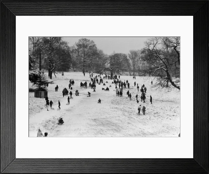 Framed Print : General views of tobogganing and skiing in Richmond Park, London. 27th December 1970 Framed Print : General views of tobogganing and skiing in Richmond Park, London. 27th December 1970