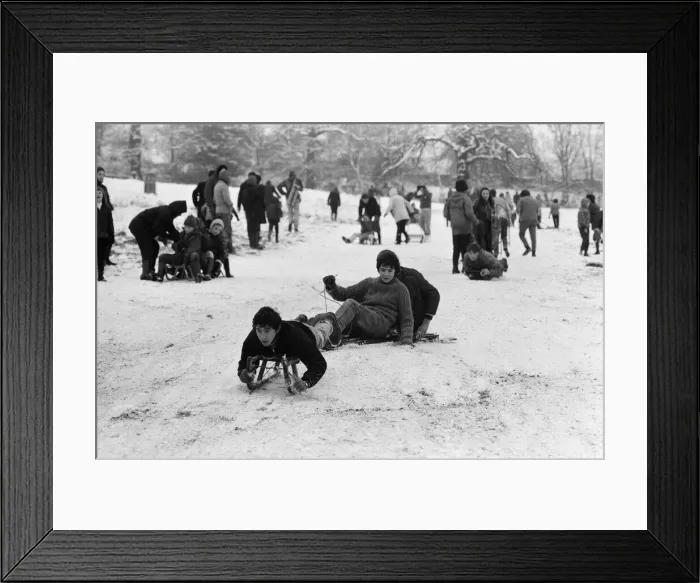 Framed Print : General views of tobogganing and skiing in Richmond Park, London. 27th December 1970 Framed Print : General views of tobogganing and skiing in Richmond Park, London. 27th December 1970