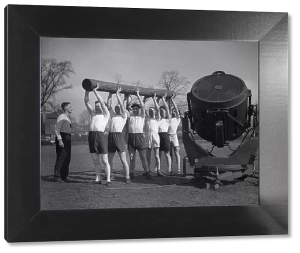 Searchlight school, Birmingham. Physical training being given to the soldiers of a
