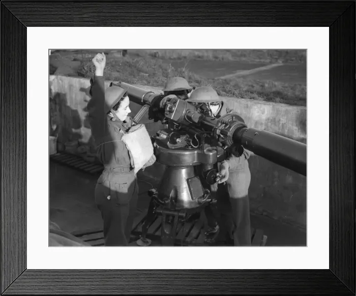 Framed Print : Women of the ATS operating the height finder optics at an anti aircraft battery in Framed Print : Women of the ATS operating the height finder optics at an anti aircraft battery in