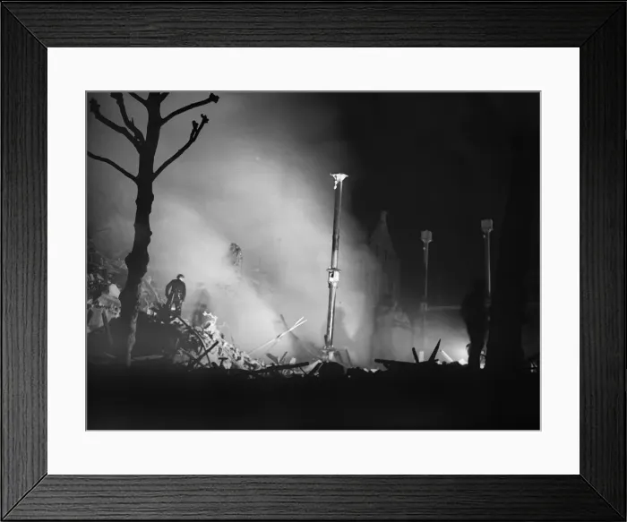 Framed Print : Floodlights light the scene of a V2 explosion close to Tottenham Court Road which killed Framed Print : Floodlights light the scene of a V2 explosion close to Tottenham Court Road which killed