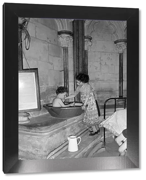 Child refugees washing in Salisbury Cathedral during the Second World War