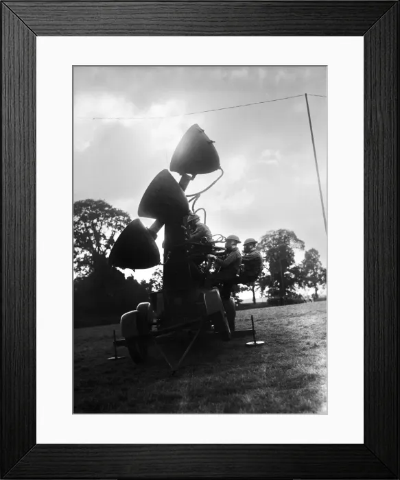 Framed Print : Home Guard being given instruction in the use of sound location equipment Framed Print : Home Guard being given instruction in the use of sound location equipment