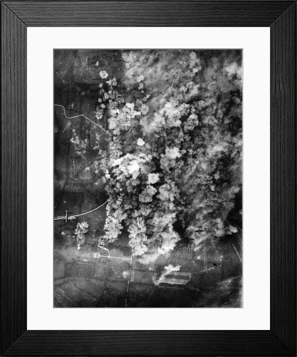 Framed Print : Avro Lancaster planes of RAF Bomber Command carpet bomb a road junction near Villers Framed Print : Avro Lancaster planes of RAF Bomber Command carpet bomb a road junction near Villers