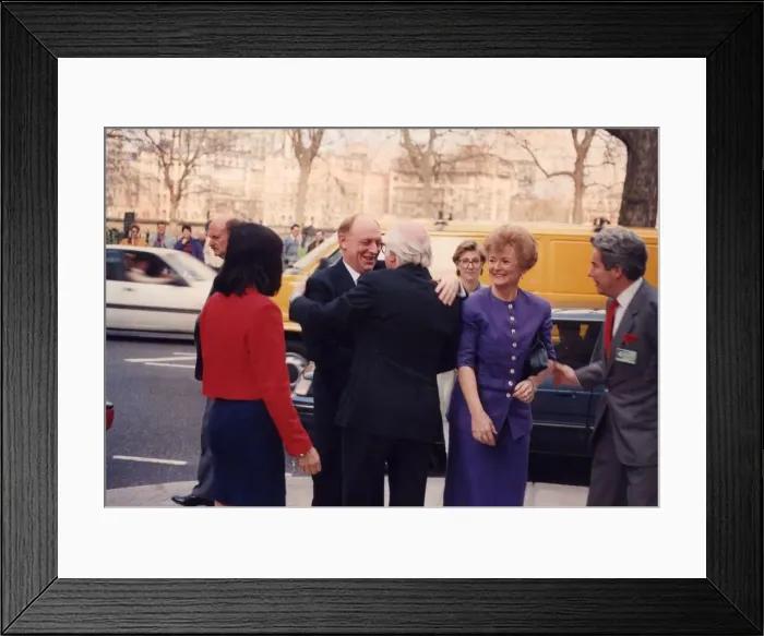Framed Print : Neil Kinnock and wife Glenys meet Richard Attenborough at Labour party rally - April 1992 Framed Print : Neil Kinnock and wife Glenys meet Richard Attenborough at Labour party rally - April 1992