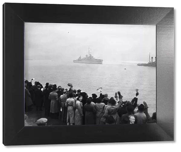 HMS Ajax returns to the Royal Navy dockyards at Devonport following the destruction of