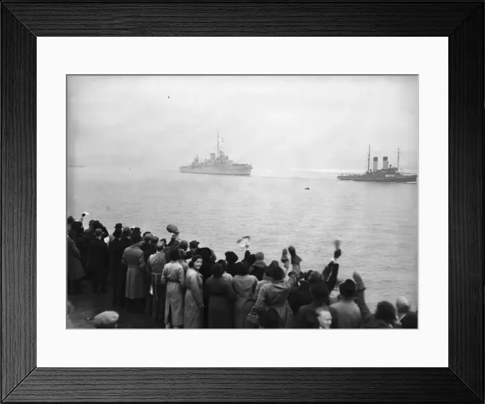 Framed Print : HMS Ajax returns to the Royal Navy dockyards at Devonport following the destruction of Framed Print : HMS Ajax returns to the Royal Navy dockyards at Devonport following the destruction of