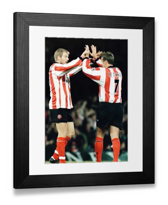 Framed Print : Egil Ostenstad celebrates goal with Matt Le Tissier Football Leicester v South hampton Framed Print : Egil Ostenstad celebrates goal with Matt Le Tissier Football Leicester v South hampton