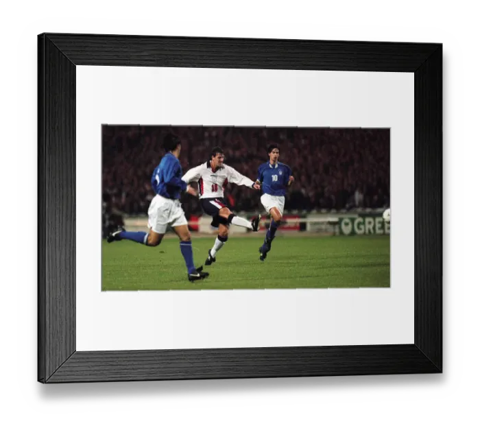 Framed Print : Matthew Le Tissier attempts a goal at Wembley where England lost their World Cup Framed Print : Matthew Le Tissier attempts a goal at Wembley where England lost their World Cup