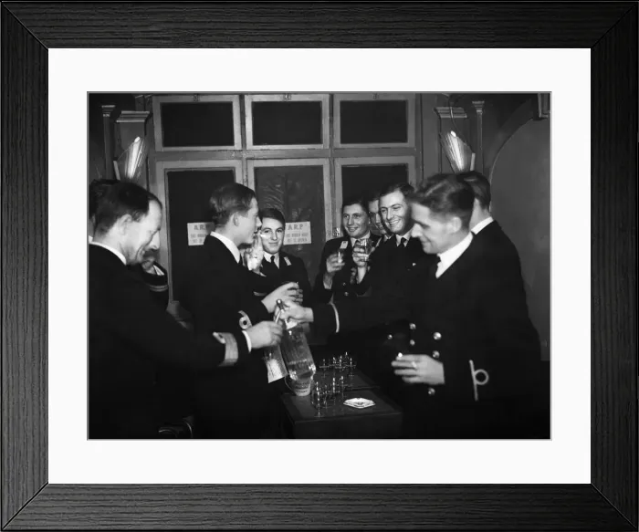 Framed Print : Officers of HMS Ajax and Exeter enjoying a drink during the interval at the London Framed Print : Officers of HMS Ajax and Exeter enjoying a drink during the interval at the London