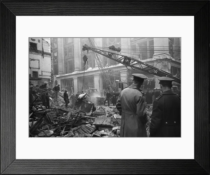 Framed Print : LCC and Civil Defence workers seen here clearing up following a V2 explosion at the Red Framed Print : LCC and Civil Defence workers seen here clearing up following a V2 explosion at the Red