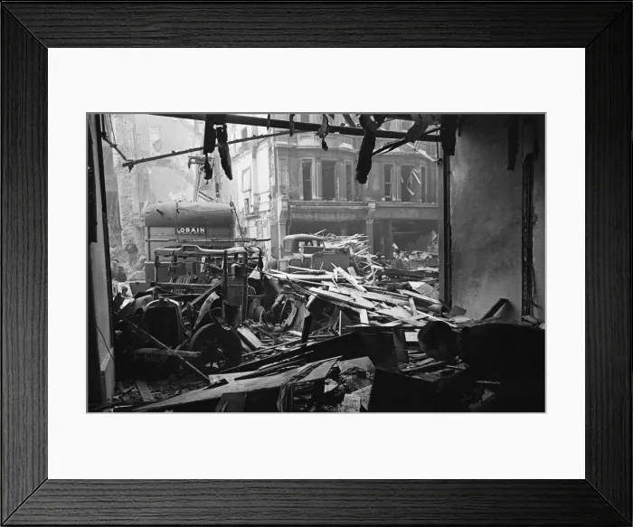 Framed Print : LCC and Civil Defence workers seen here clearing up following a V2 explosion at the Red Framed Print : LCC and Civil Defence workers seen here clearing up following a V2 explosion at the Red