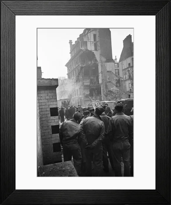 Framed Print : LCC and Civil Defence workers seen here clearing up following a V2 explosion at the Red Framed Print : LCC and Civil Defence workers seen here clearing up following a V2 explosion at the Red
