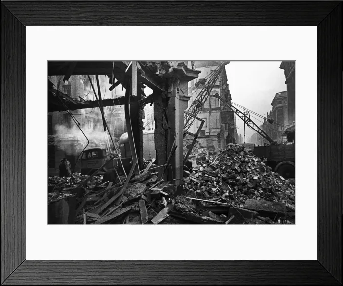 Framed Print : LCC and Civil Defence workers seen here clearing up following a V2 explosion at the Red Framed Print : LCC and Civil Defence workers seen here clearing up following a V2 explosion at the Red