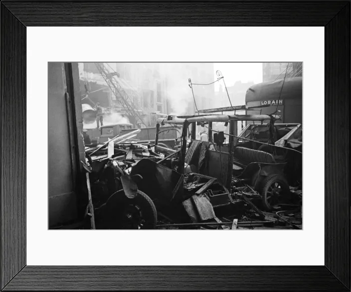 Framed Print : LCC and Civil Defence workers seen here clearing up following a V2 explosion at the Red Framed Print : LCC and Civil Defence workers seen here clearing up following a V2 explosion at the Red
