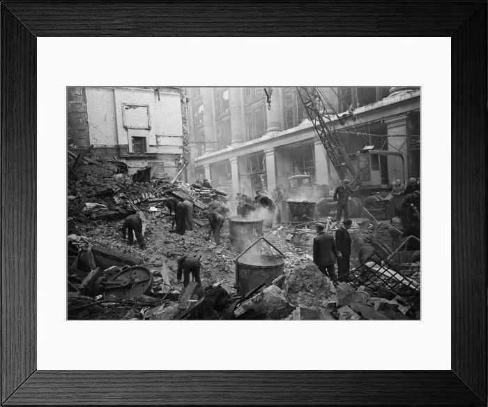 Framed Print : LCC and Civil Defence workers seen here clearing up following a V2 explosion at the Red Framed Print : LCC and Civil Defence workers seen here clearing up following a V2 explosion at the Red