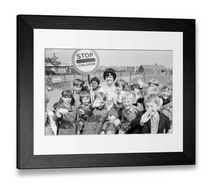 Framed Print : Lollipop lady to be guest of honour at school fete, Middlesborough, 1972 Framed Print : Lollipop lady to be guest of honour at school fete, Middlesborough, 1972