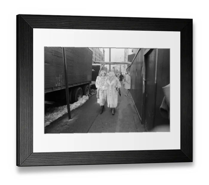 Framed Print : Street scene in New York, two women wearing fur coats walking down the street