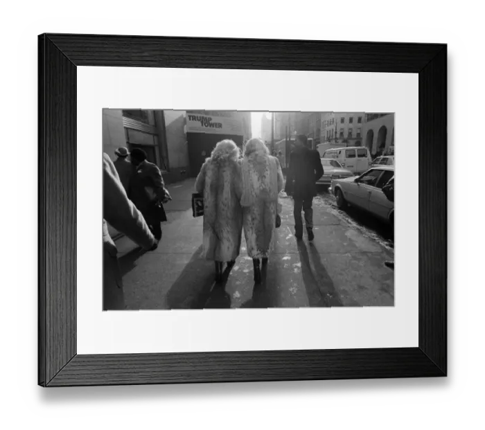 Framed Print : Street scene in New York, two women wearing fur coats walking down the street