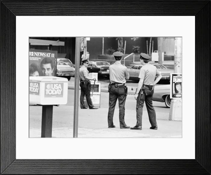Framed Print : Police Officers standing on street corner, New York, USA, June 1984 Framed Print : Police Officers standing on street corner, New York, USA, June 1984