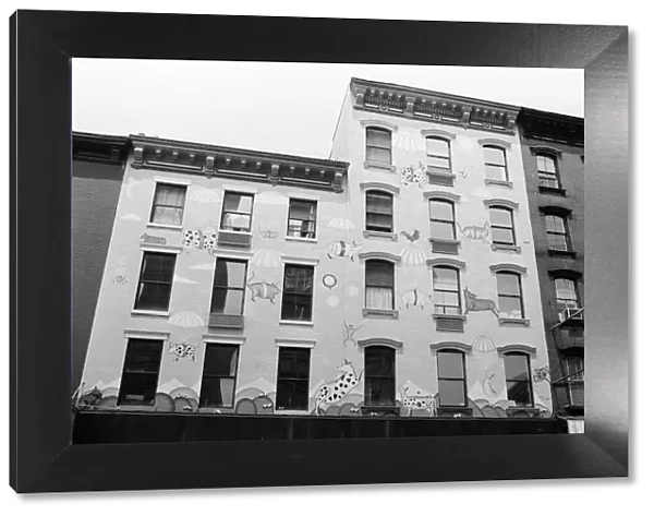 Front of building decorated with pictures of animals, New York, USA, June 1984