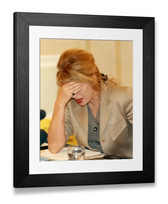 Framed Print : Joanna Lumley crying at press conference during campaign to ban live animal exports