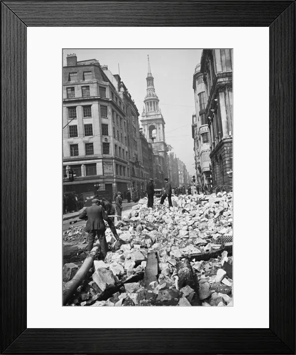 Framed Print : Workmen clear rubble from the Cheapside, City of London, the spire of St Mary-le-Bow Framed Print : Workmen clear rubble from the Cheapside, City of London, the spire of St Mary-le-Bow