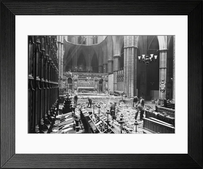 Framed Print : Workmen clear away debris from collapsed Lantern Roof from Westminster Abbey Framed Print : Workmen clear away debris from collapsed Lantern Roof from Westminster Abbey
