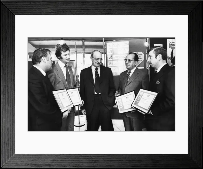Framed Print : Mr Jack Jones (centre) after he had presented National Savings awards to the four Framed Print : Mr Jack Jones (centre) after he had presented National Savings awards to the four