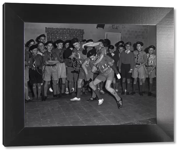 Piggy back race at a Scouts party at Stadefield Road, Cambridge. January 1960