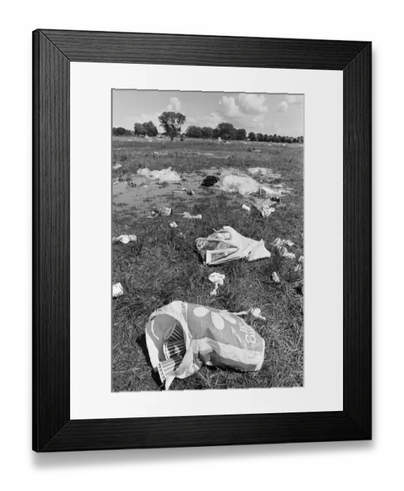 Framed Print : Plastic sheets, carrier bags of trash, tissues, tins and plastic cups