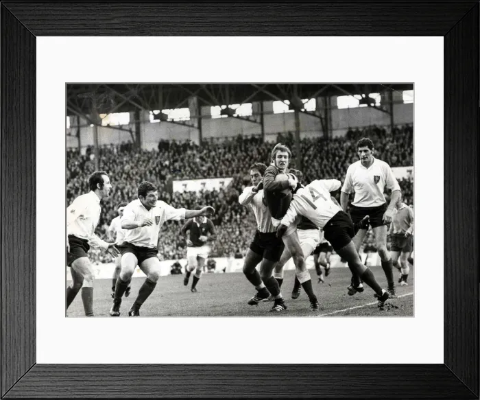 Framed Print : France v Wales, Stade Colombes, Paris, 27th March 1971. John Bevan, Wales being tackled Framed Print : France v Wales, Stade Colombes, Paris, 27th March 1971. John Bevan, Wales being tackled