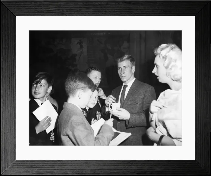Framed Print : Bobby Charlton, Manchester United Footballer, has a cup of tea at the Civic reception in Framed Print : Bobby Charlton, Manchester United Footballer, has a cup of tea at the Civic reception in