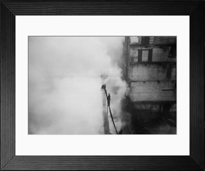 Framed Print : Firemen tackling a fire at Taylors Great Central Depository in St Georges Road