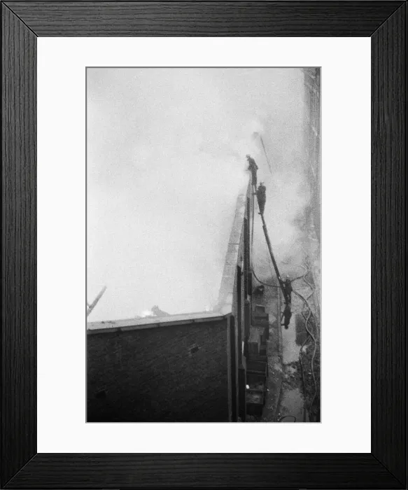 Framed Print : Firemen tackling a fire at Taylors Great Central Depository in St Georges Road Framed Print : Firemen tackling a fire at Taylors Great Central Depository in St Georges Road